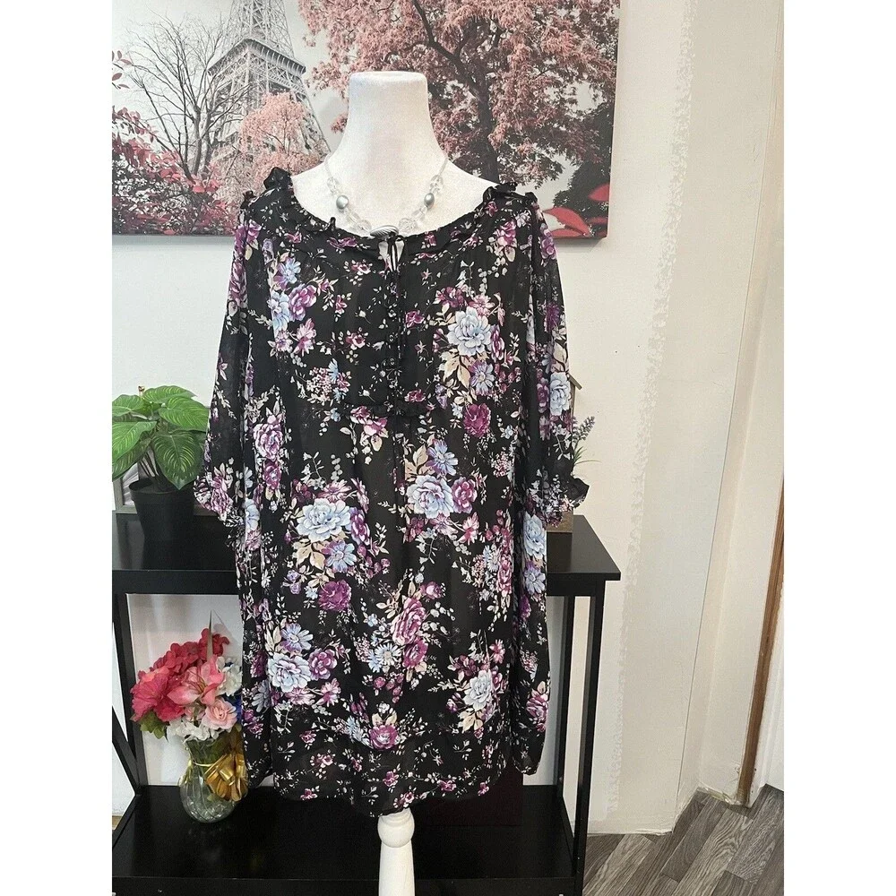 Woman Within Blouse 1X Floral Peasant Top Ruffle Neck Chiffon Boho Tunic sheer